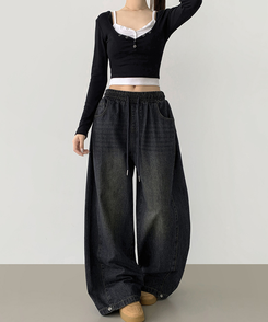 3XL폴딩 핀턱 밑단스냅 벌룬핏 와이드핏 밴딩 데님팬츠 그레이시진청