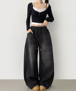 3XL폴딩 핀턱 밑단스냅 벌룬핏 와이드핏 밴딩 데님팬츠 블랙