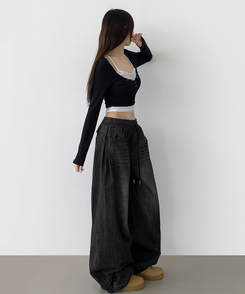 3XL폴딩 핀턱 밑단스냅 벌룬핏 와이드핏 밴딩 데님팬츠 블랙