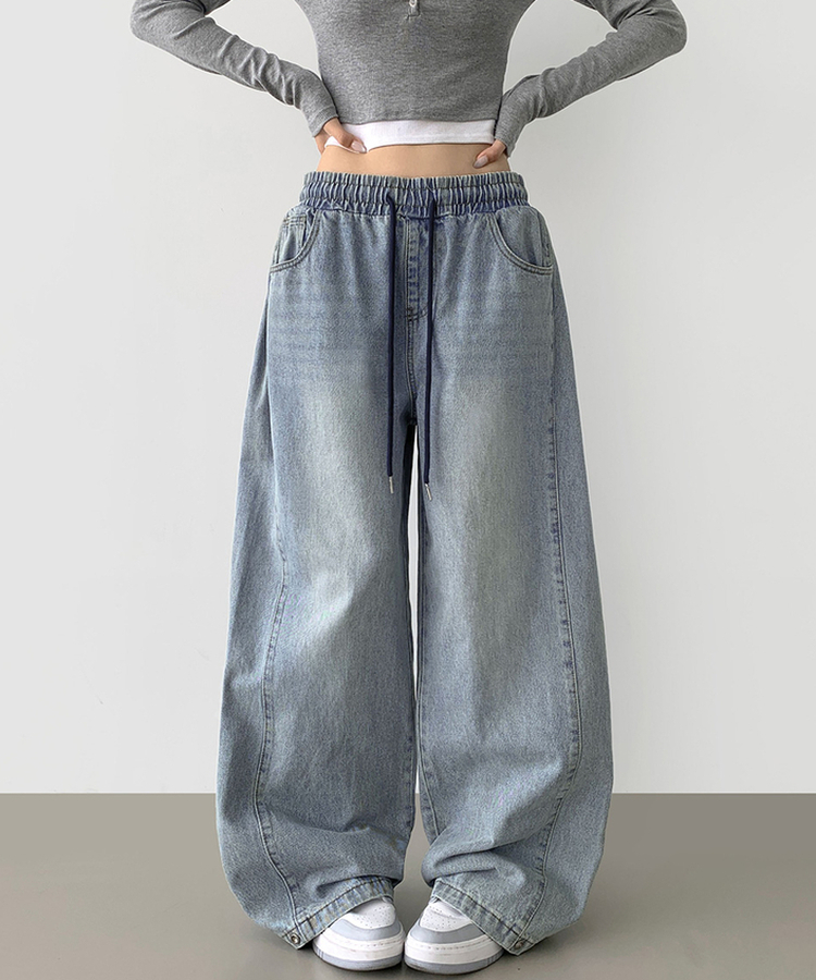 3XL폴딩 핀턱 밑단스냅 벌룬핏 와이드핏 밴딩 데님팬츠 연청