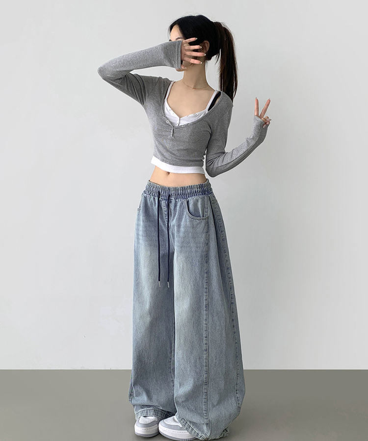 3XL폴딩 핀턱 밑단스냅 벌룬핏 와이드핏 밴딩 데님팬츠 연청