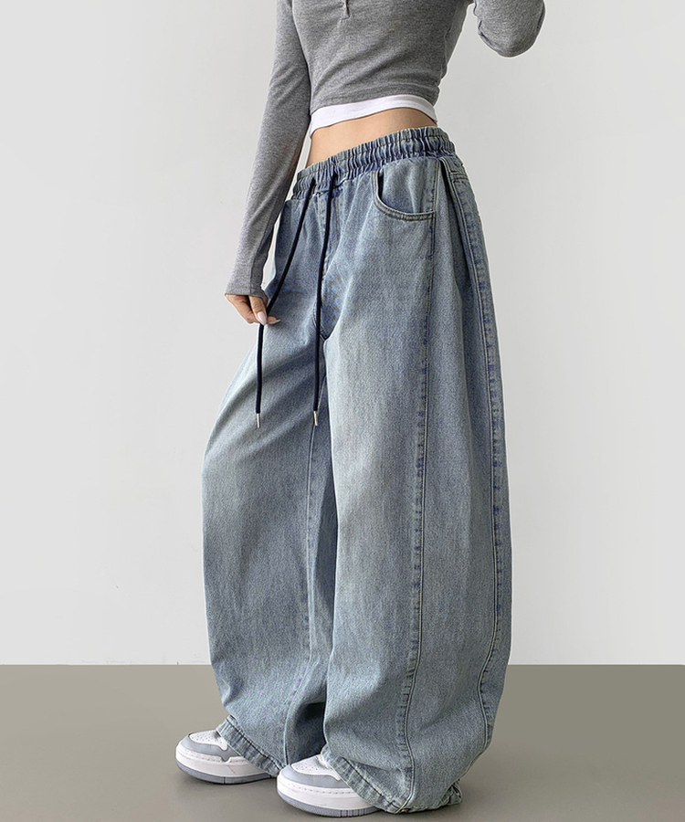 3XL폴딩 핀턱 밑단스냅 벌룬핏 와이드핏 밴딩 데님팬츠 연청