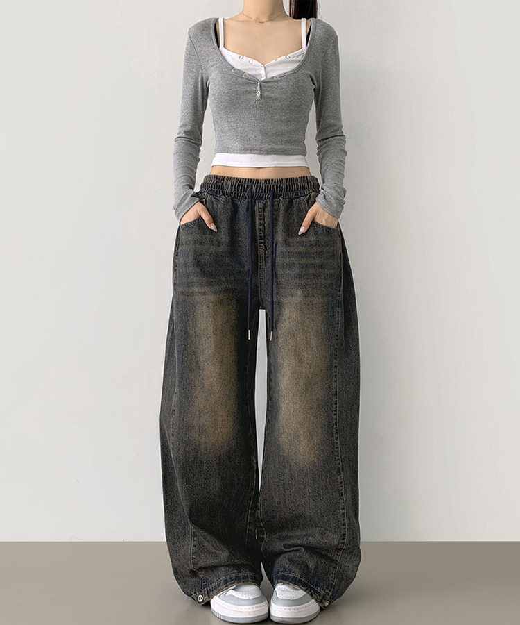 3XL폴딩 핀턱 밑단스냅 벌룬핏 와이드핏 밴딩 데님팬츠 빈티지중청