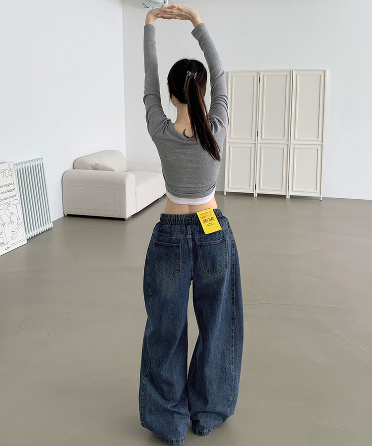 3XL폴딩 핀턱 밑단스냅 벌룬핏 와이드핏 밴딩 데님팬츠 중청