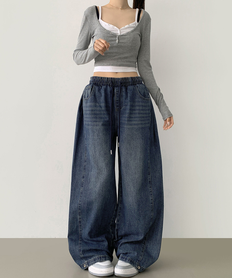 3XL폴딩 핀턱 밑단스냅 벌룬핏 와이드핏 밴딩 데님팬츠 중청
