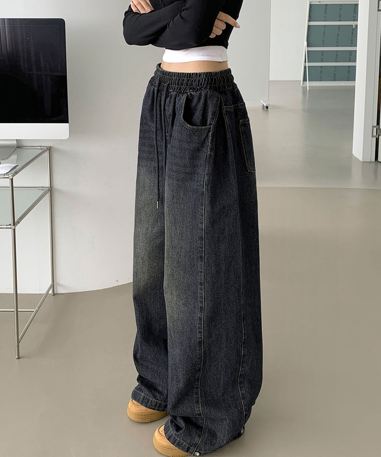 3XL폴딩 핀턱 밑단스냅 벌룬핏 와이드핏 밴딩 데님팬츠 그레이시진청