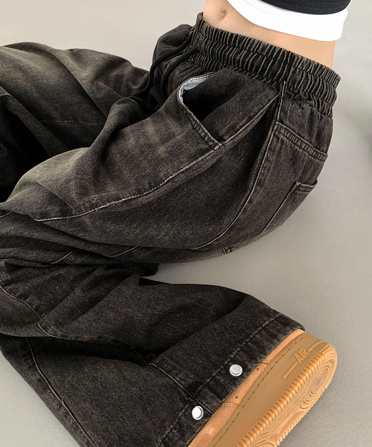 3XL폴딩 핀턱 밑단스냅 벌룬핏 와이드핏 밴딩 데님팬츠 빈티지블랙