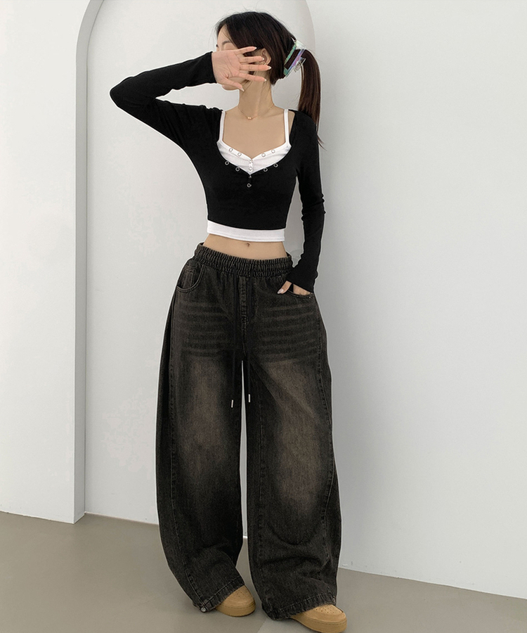 3XL폴딩 핀턱 밑단스냅 벌룬핏 와이드핏 밴딩 데님팬츠 빈티지블랙