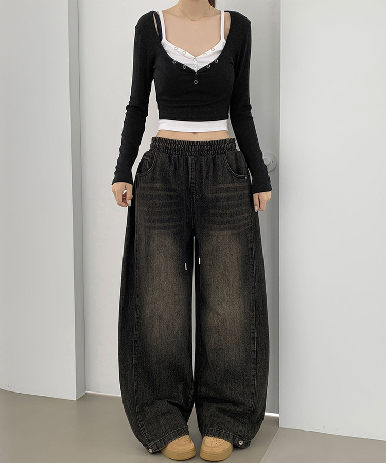 3XL폴딩 핀턱 밑단스냅 벌룬핏 와이드핏 밴딩 데님팬츠 빈티지블랙