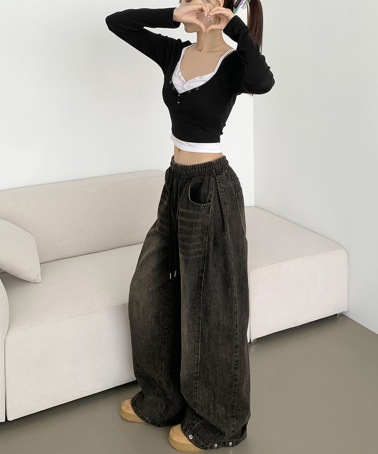 3XL폴딩 핀턱 밑단스냅 벌룬핏 와이드핏 밴딩 데님팬츠 빈티지블랙