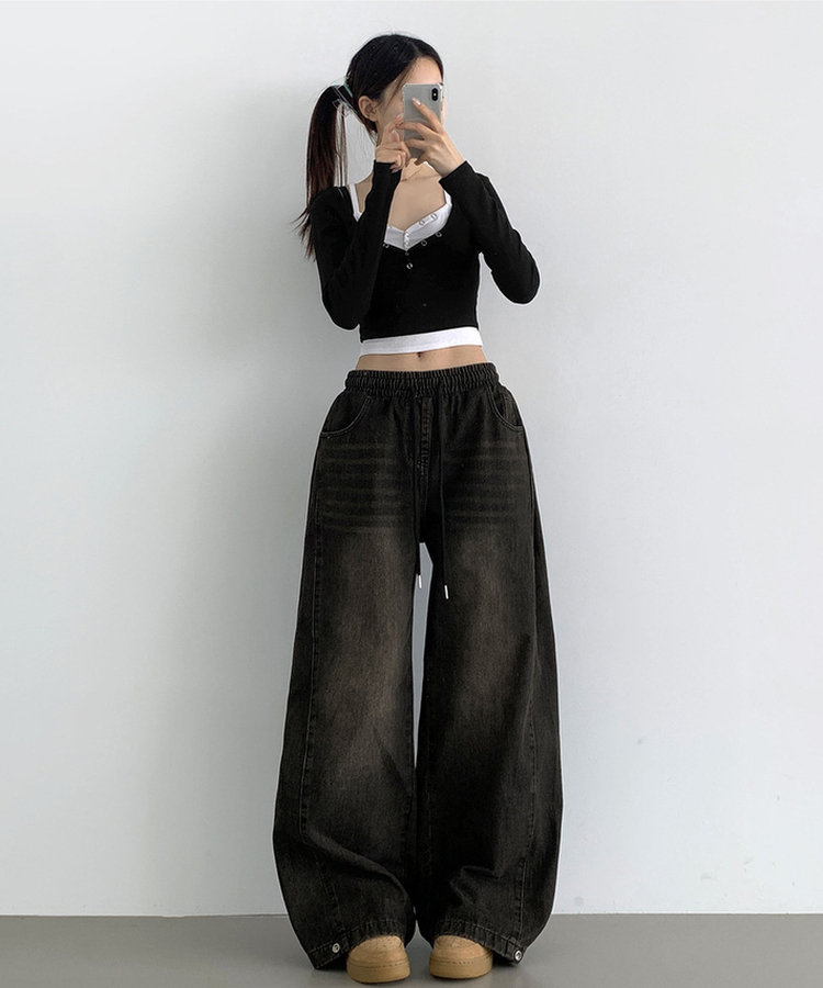 3XL폴딩 핀턱 밑단스냅 벌룬핏 와이드핏 밴딩 데님팬츠 빈티지블랙
