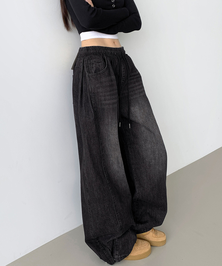 3XL폴딩 핀턱 밑단스냅 벌룬핏 와이드핏 밴딩 데님팬츠 블랙