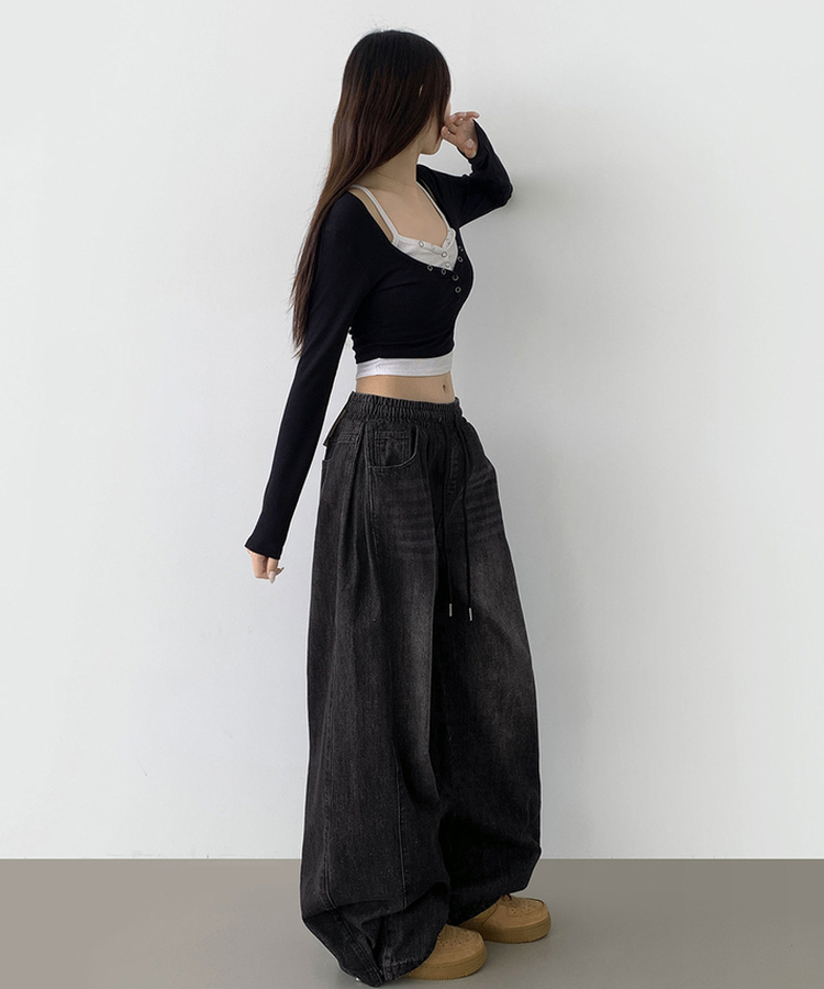 3XL폴딩 핀턱 밑단스냅 벌룬핏 와이드핏 밴딩 데님팬츠 블랙