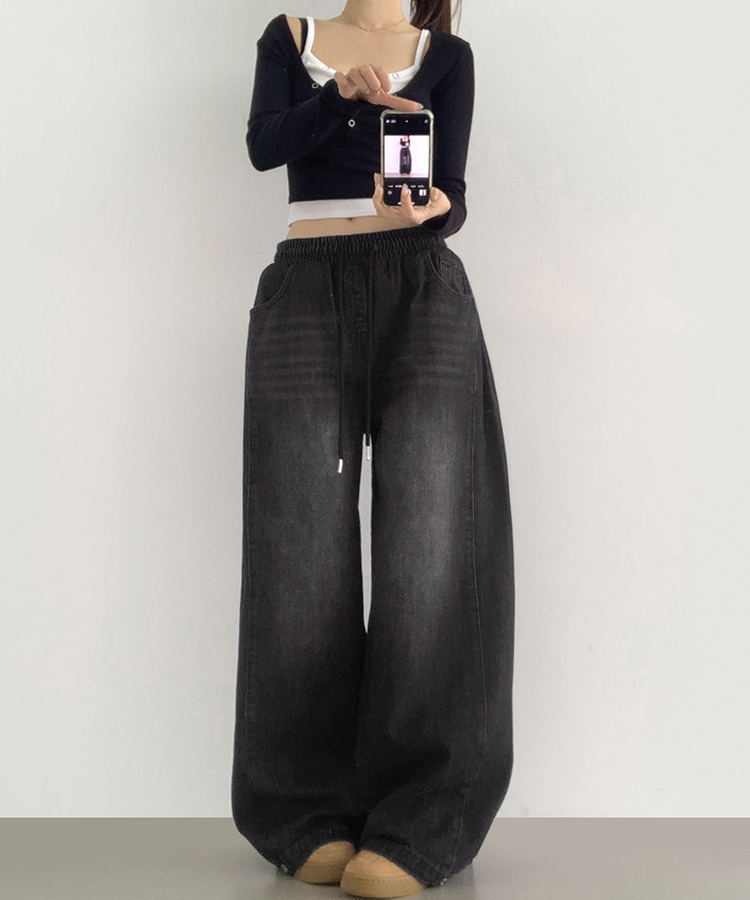 3XL폴딩 핀턱 밑단스냅 벌룬핏 와이드핏 밴딩 데님팬츠 블랙