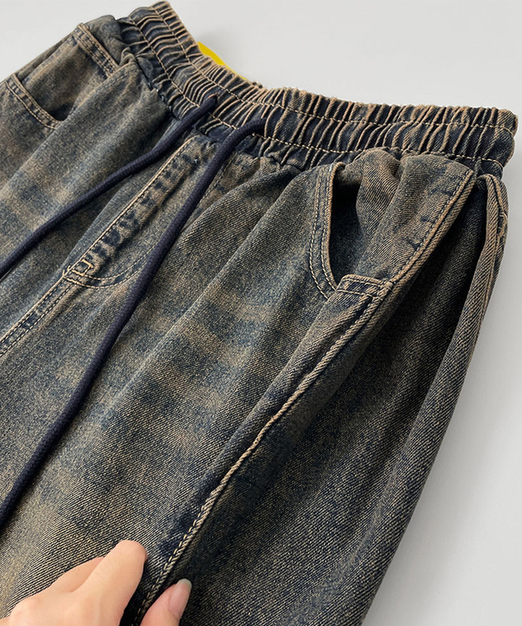 3XL폴딩 핀턱 밑단스냅 벌룬핏 와이드핏 밴딩 데님팬츠