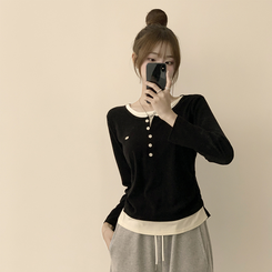 투픽 라운드 버튼 펜던트 버튼 레이어드 단추 긴팔 티셔츠 블랙