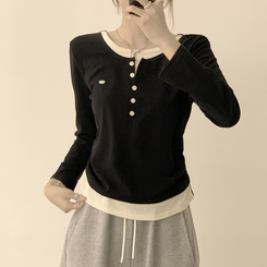 투픽 라운드 버튼 펜던트 버튼 레이어드 단추 긴팔 티셔츠 블랙