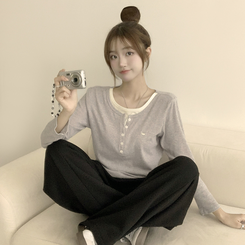 투픽 라운드 버튼 펜던트 버튼 레이어드 단추 긴팔 티셔츠 그레이