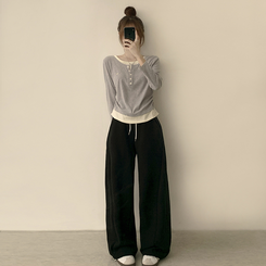 투픽 라운드 버튼 펜던트 버튼 레이어드 단추 긴팔 티셔츠 그레이