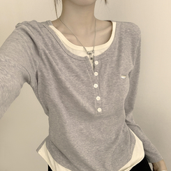 투픽 라운드 버튼 펜던트 버튼 레이어드 단추 긴팔 티셔츠 그레이