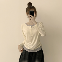 투픽 라운드 버튼 펜던트 버튼 레이어드 단추 긴팔 티셔츠 아이보리