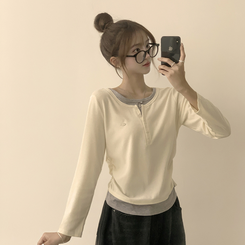 투픽 라운드 버튼 펜던트 버튼 레이어드 단추 긴팔 티셔츠 아이보리