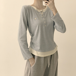 투픽 라운드 버튼 펜던트 버튼 레이어드 단추 긴팔 티셔츠 블루