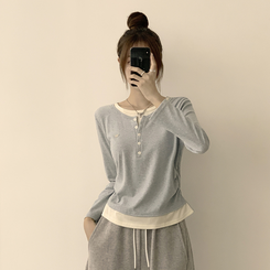 투픽 라운드 버튼 펜던트 버튼 레이어드 단추 긴팔 티셔츠 블루