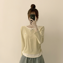 투픽 라운드 버튼 펜던트 버튼 레이어드 단추 긴팔 티셔츠 옐로우