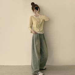 투픽 라운드 버튼 펜던트 버튼 레이어드 단추 긴팔 티셔츠 옐로우