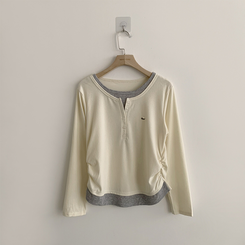 투픽 라운드 버튼 펜던트 버튼 레이어드 단추 긴팔 티셔츠