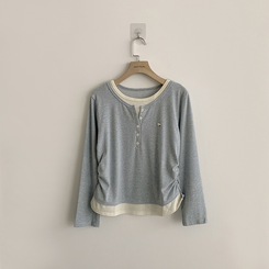 투픽 라운드 버튼 펜던트 버튼 레이어드 단추 긴팔 티셔츠