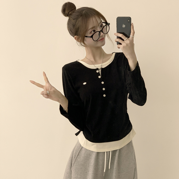 투픽 라운드 버튼 펜던트 버튼 레이어드 단추 긴팔 티셔츠 블랙