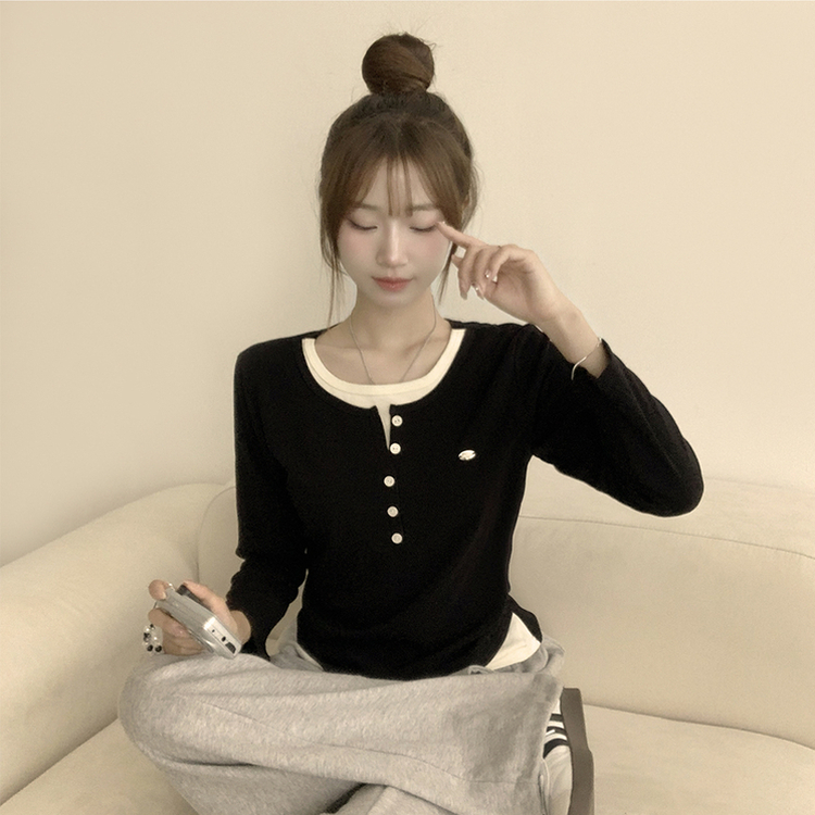 투픽 라운드 버튼 펜던트 버튼 레이어드 단추 긴팔 티셔츠 블랙