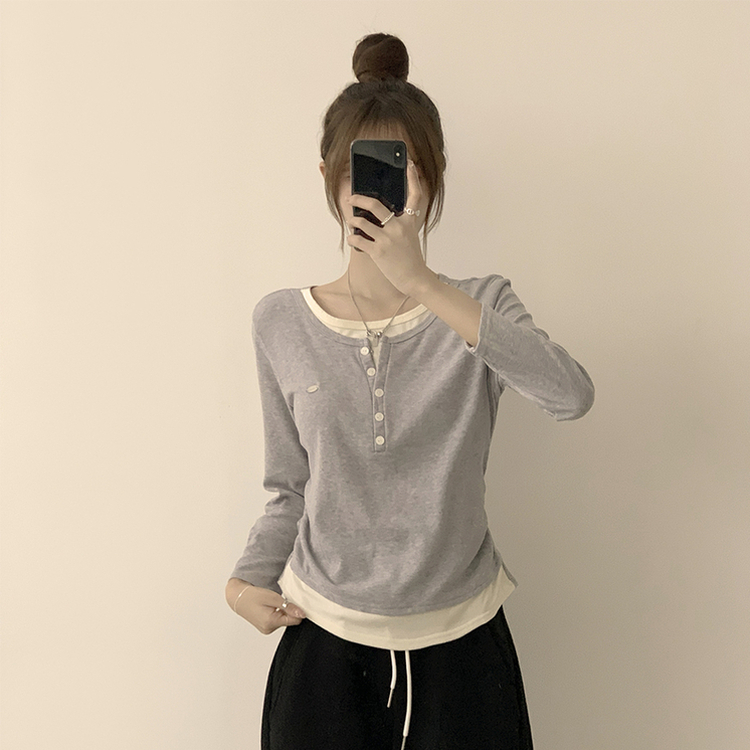 투픽 라운드 버튼 펜던트 버튼 레이어드 단추 긴팔 티셔츠 그레이