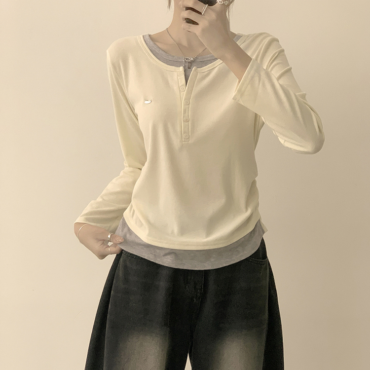 투픽 라운드 버튼 펜던트 버튼 레이어드 단추 긴팔 티셔츠 아이보리