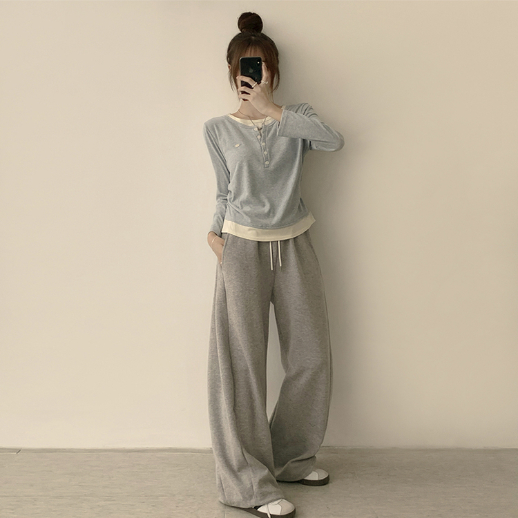 투픽 라운드 버튼 펜던트 버튼 레이어드 단추 긴팔 티셔츠 블루