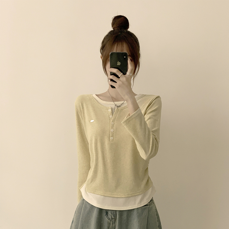 투픽 라운드 버튼 펜던트 버튼 레이어드 단추 긴팔 티셔츠 옐로우