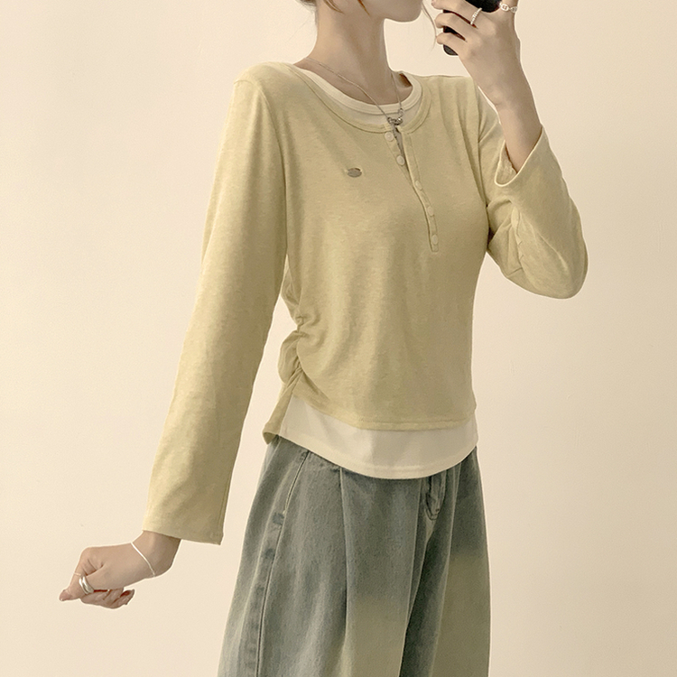 투픽 라운드 버튼 펜던트 버튼 레이어드 단추 긴팔 티셔츠 옐로우