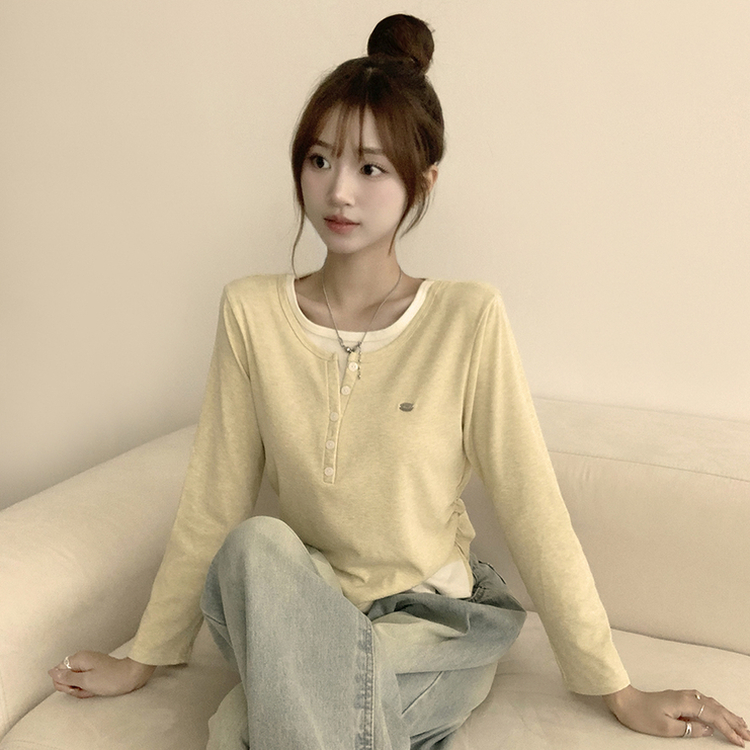 투픽 라운드 버튼 펜던트 버튼 레이어드 단추 긴팔 티셔츠 옐로우