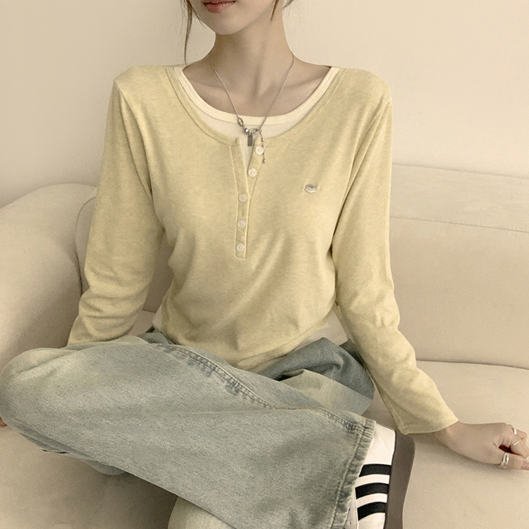 투픽 라운드 버튼 펜던트 버튼 레이어드 단추 긴팔 티셔츠 옐로우