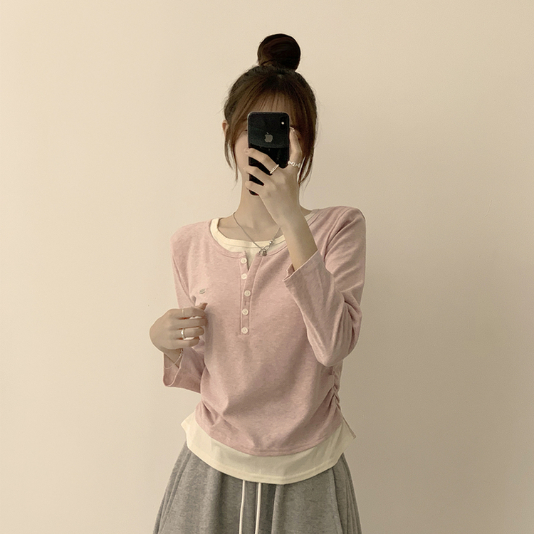 투픽 라운드 버튼 펜던트 버튼 레이어드 단추 긴팔 티셔츠 핑크