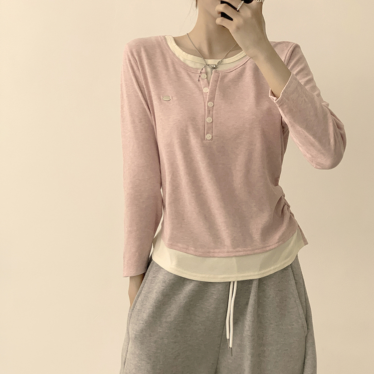 투픽 라운드 버튼 펜던트 버튼 레이어드 단추 긴팔 티셔츠 핑크