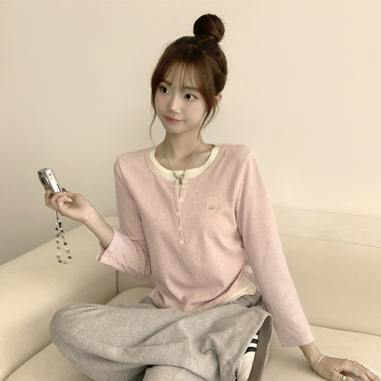 투픽 라운드 버튼 펜던트 버튼 레이어드 단추 긴팔 티셔츠 핑크