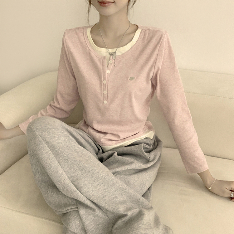 투픽 라운드 버튼 펜던트 버튼 레이어드 단추 긴팔 티셔츠 핑크