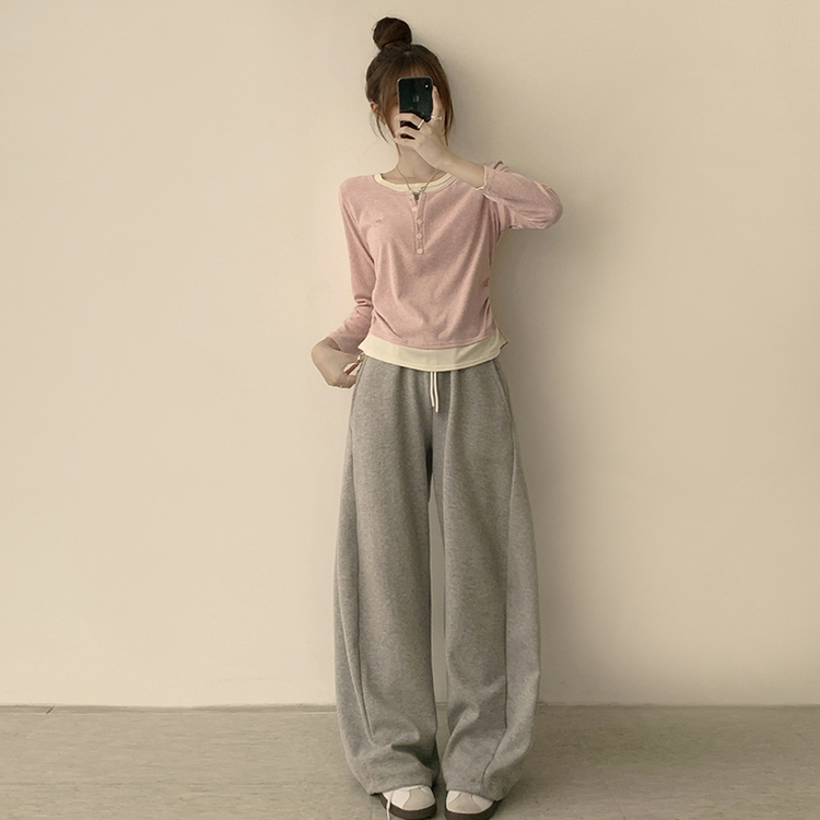 투픽 라운드 버튼 펜던트 버튼 레이어드 단추 긴팔 티셔츠 핑크