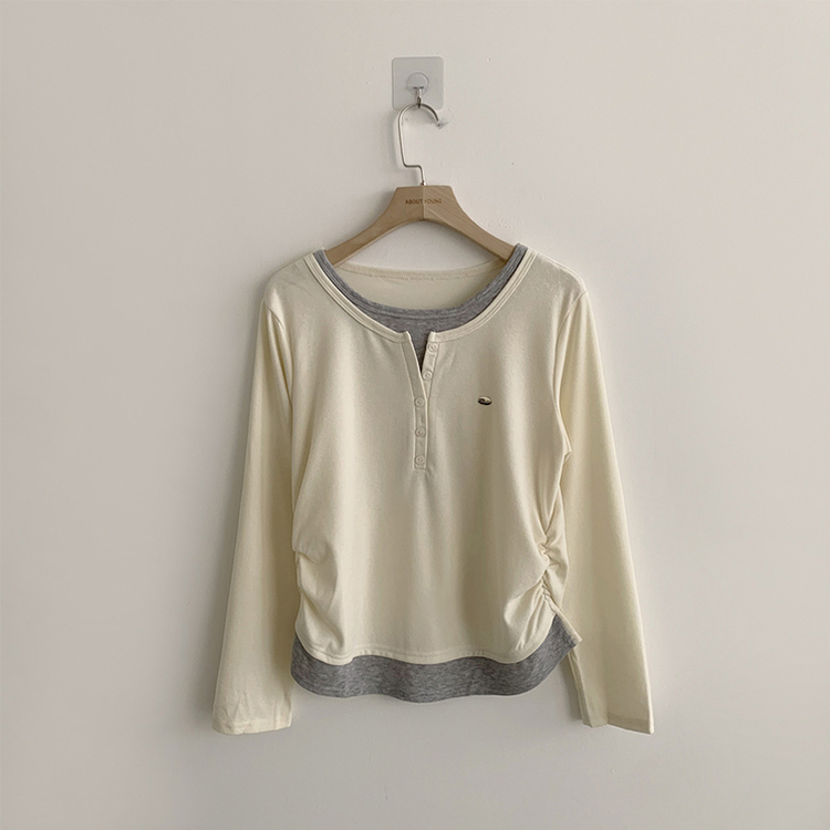 투픽 라운드 버튼 펜던트 버튼 레이어드 단추 긴팔 티셔츠