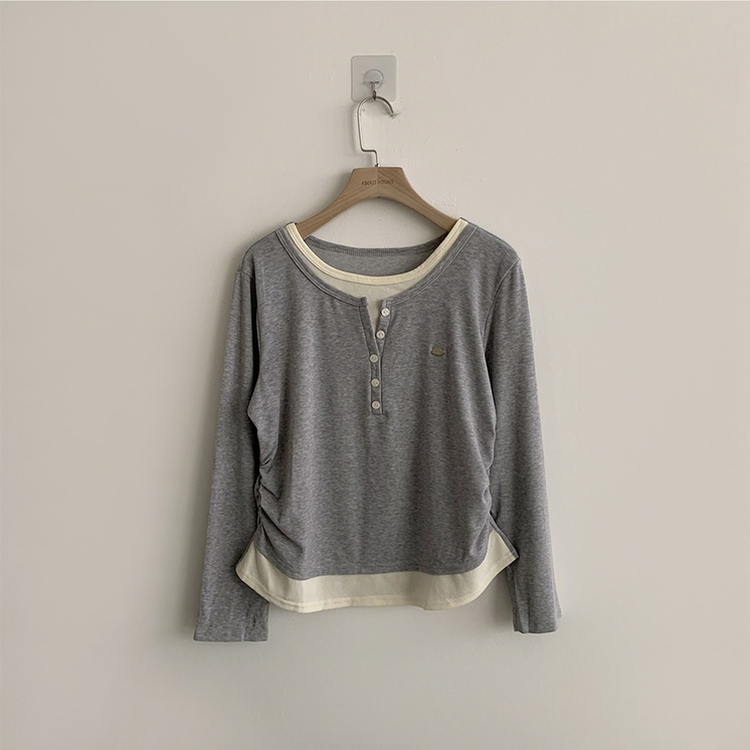 투픽 라운드 버튼 펜던트 버튼 레이어드 단추 긴팔 티셔츠