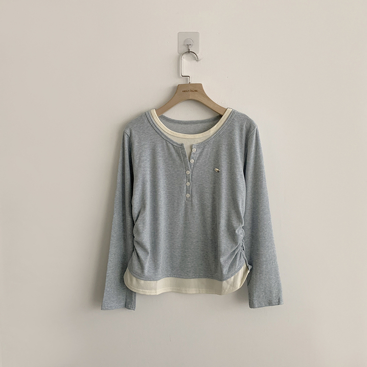 투픽 라운드 버튼 펜던트 버튼 레이어드 단추 긴팔 티셔츠