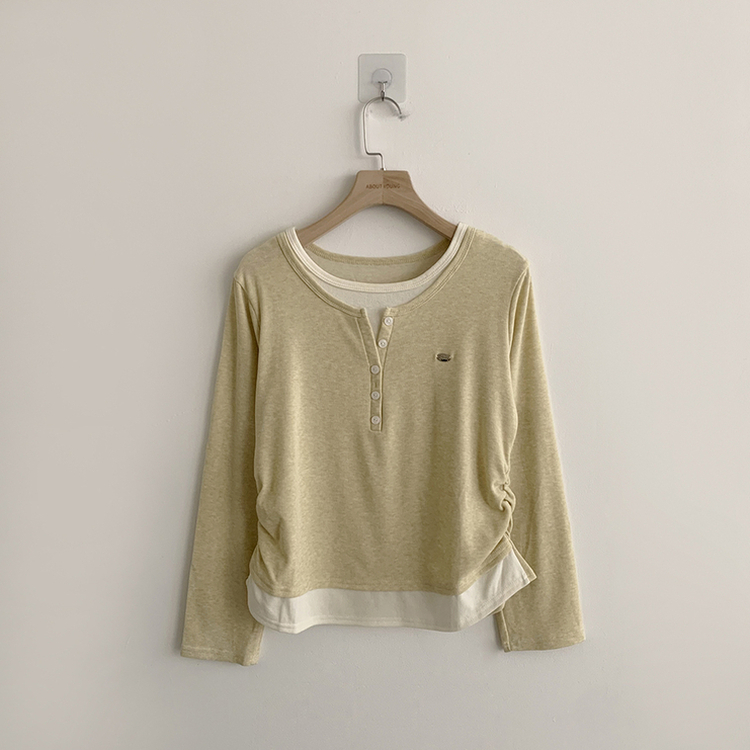투픽 라운드 버튼 펜던트 버튼 레이어드 단추 긴팔 티셔츠